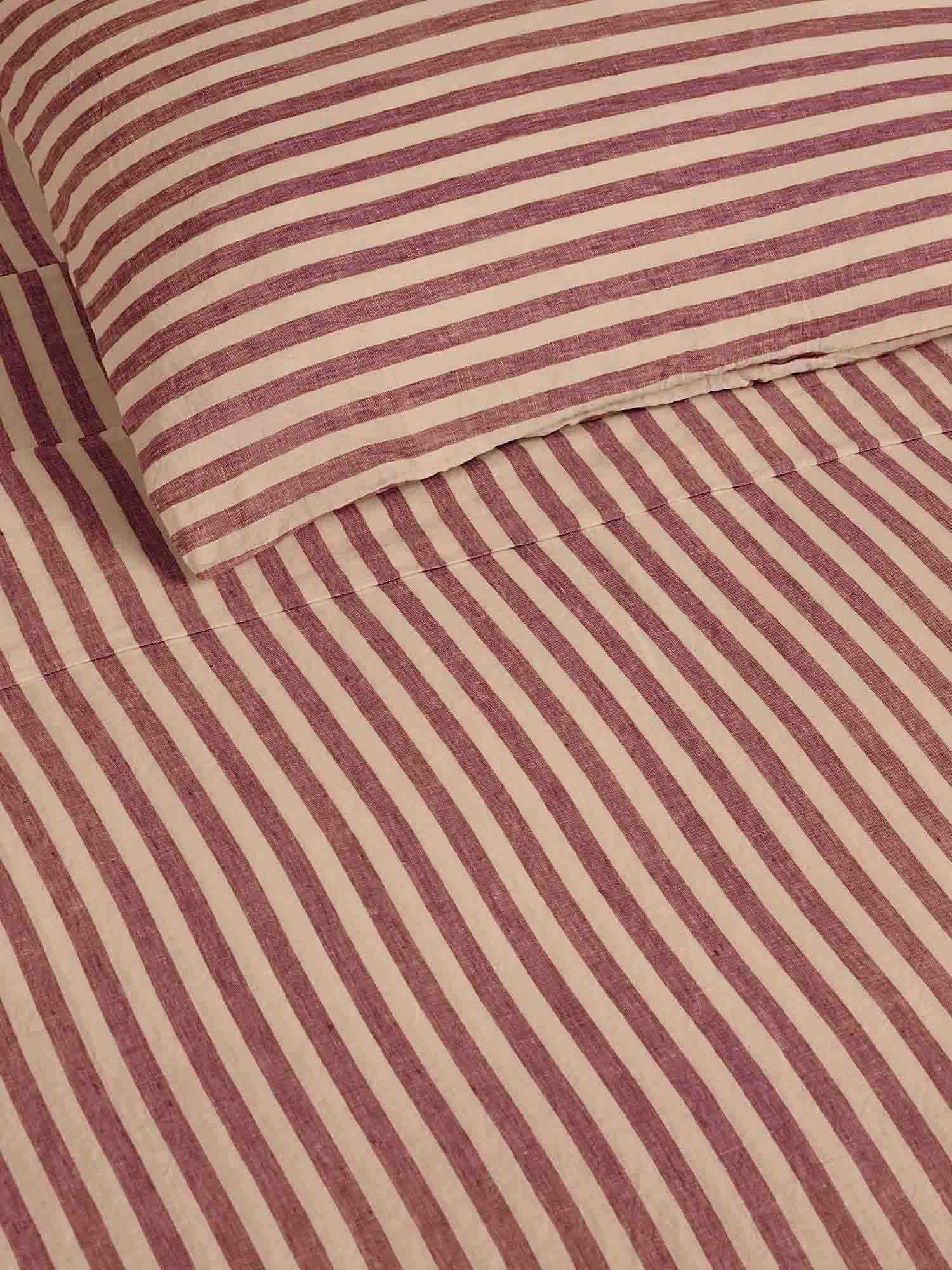 100% Linen Sheet Set in Berry Stripes