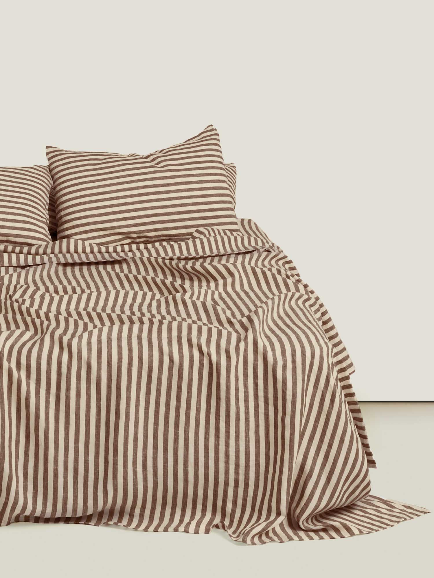100% Linen Duvet Cover in Chocolate Stripes