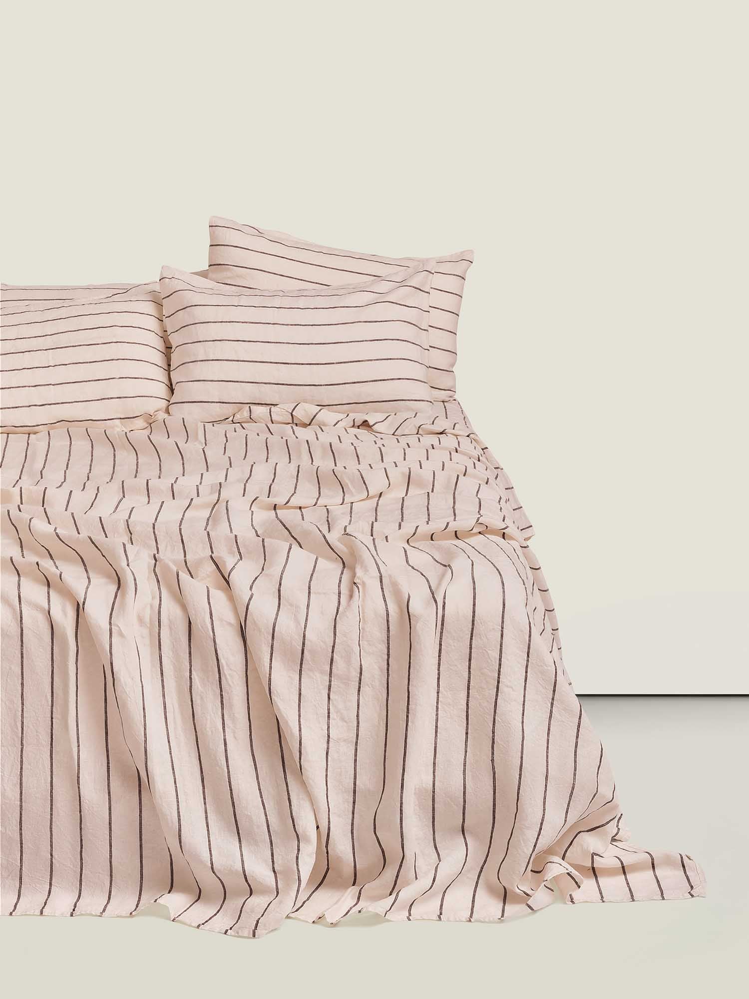 100% Linen Sheet Set in Coco Blush Stripes