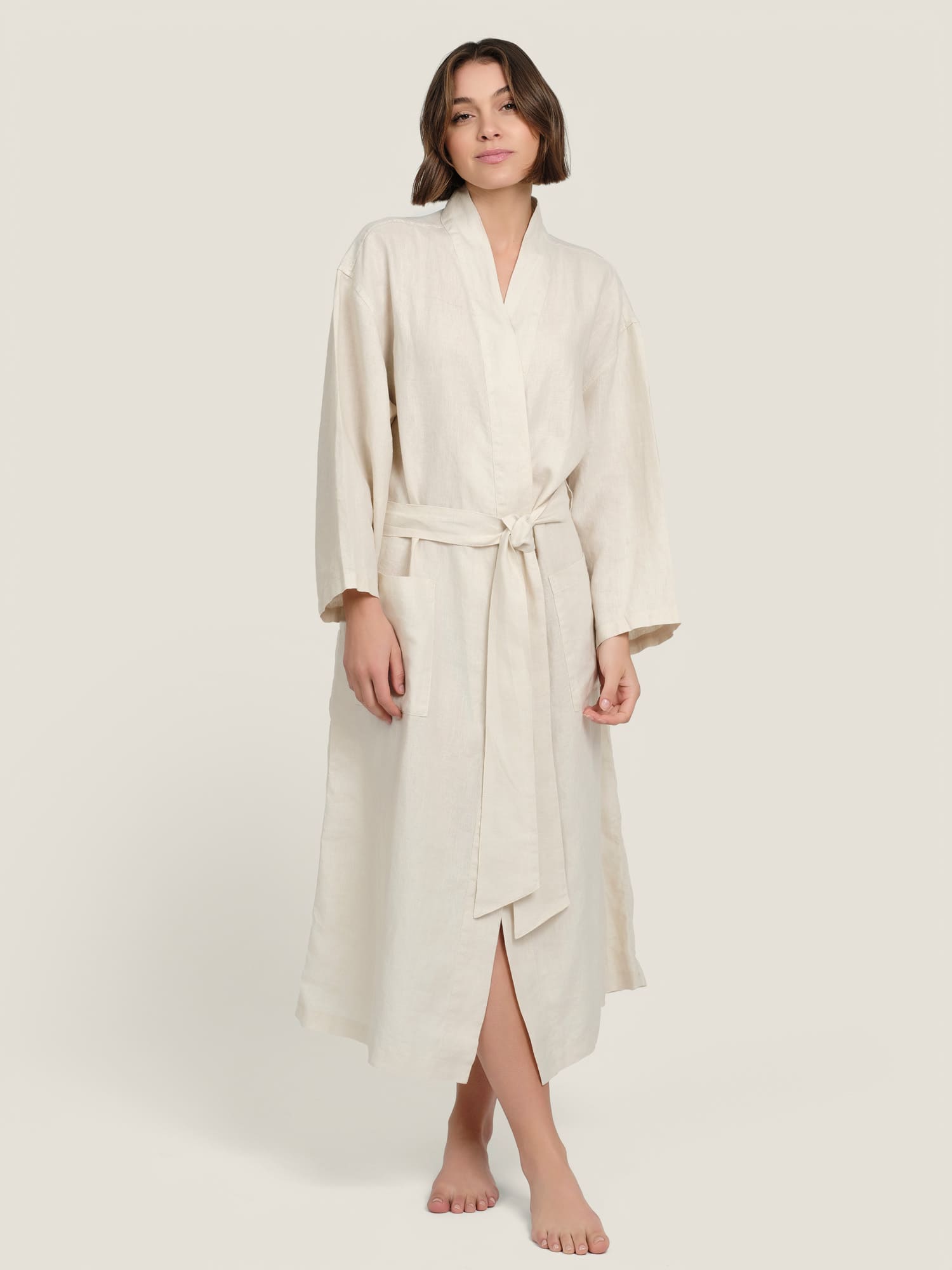 linen robe in cream