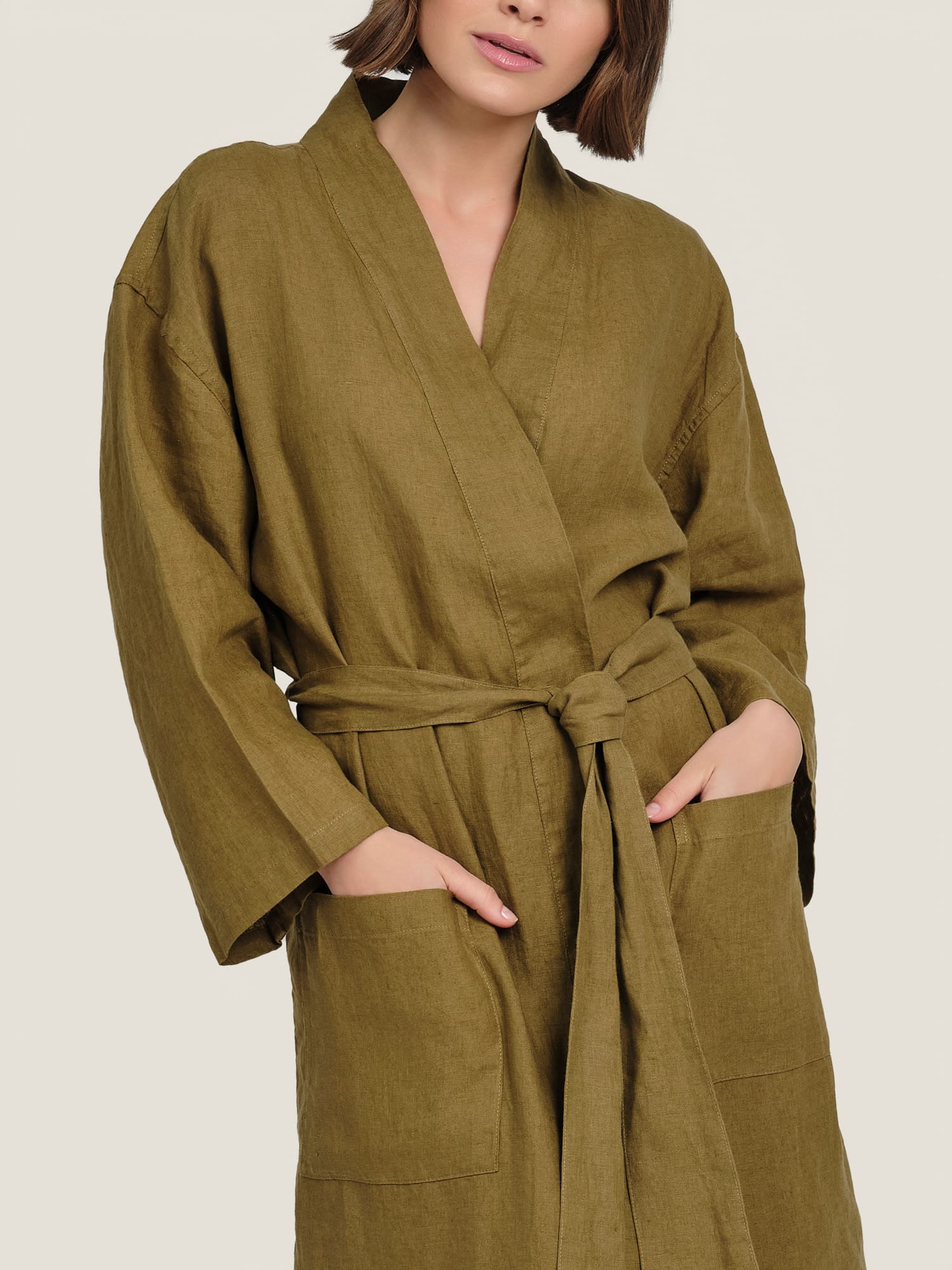 linen robe in olive