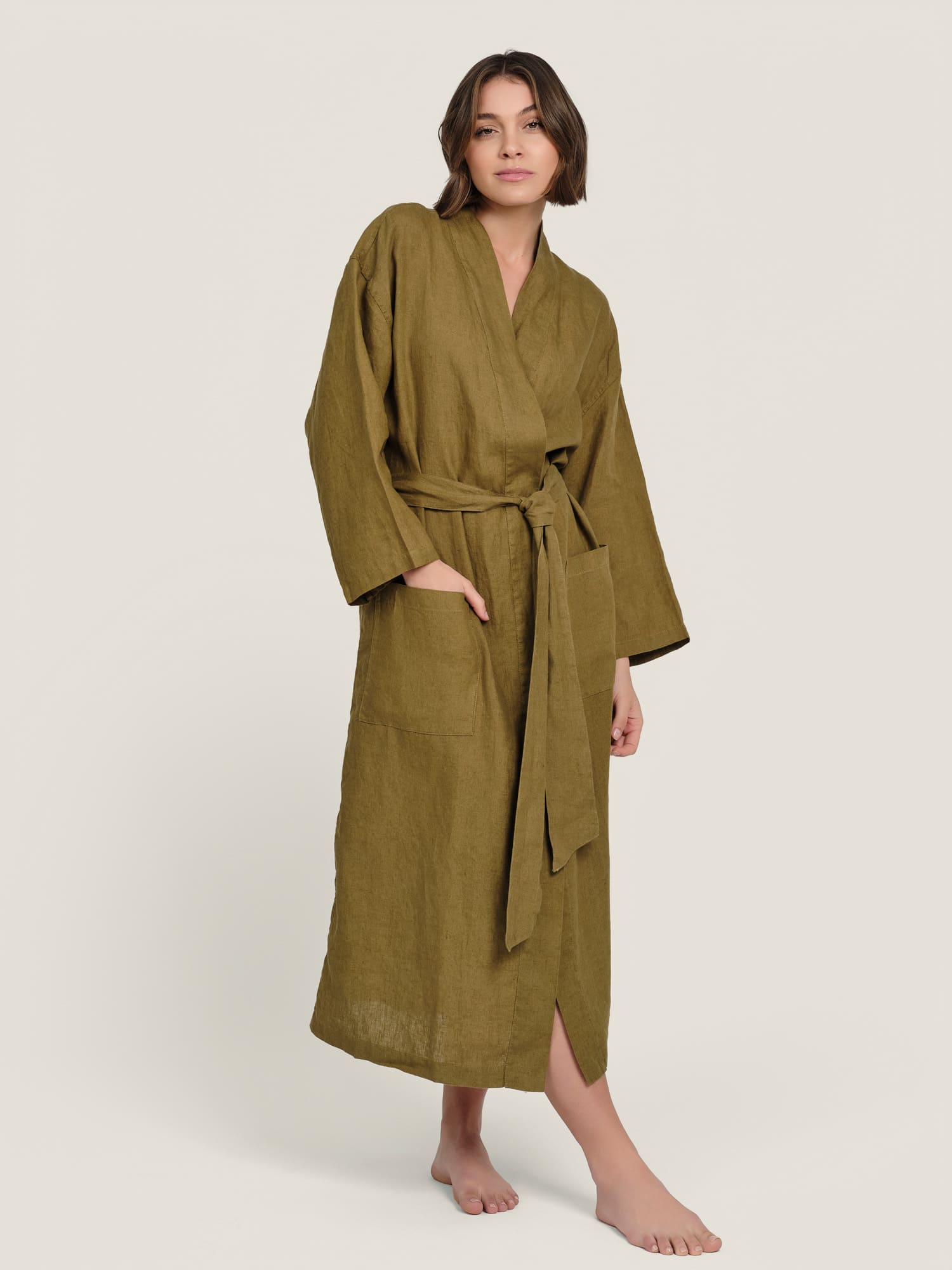 linen robe in olive