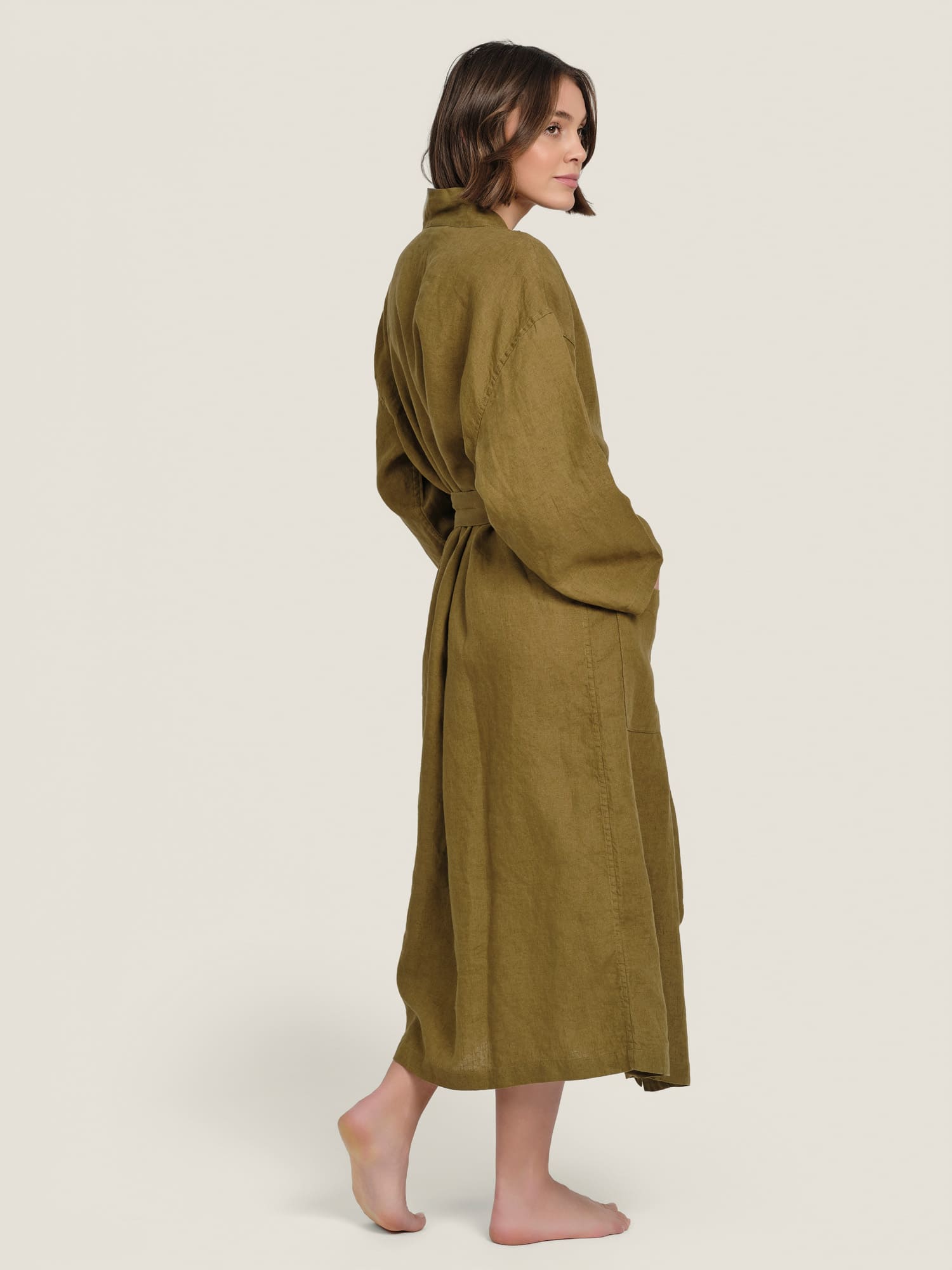 linen robe in olive