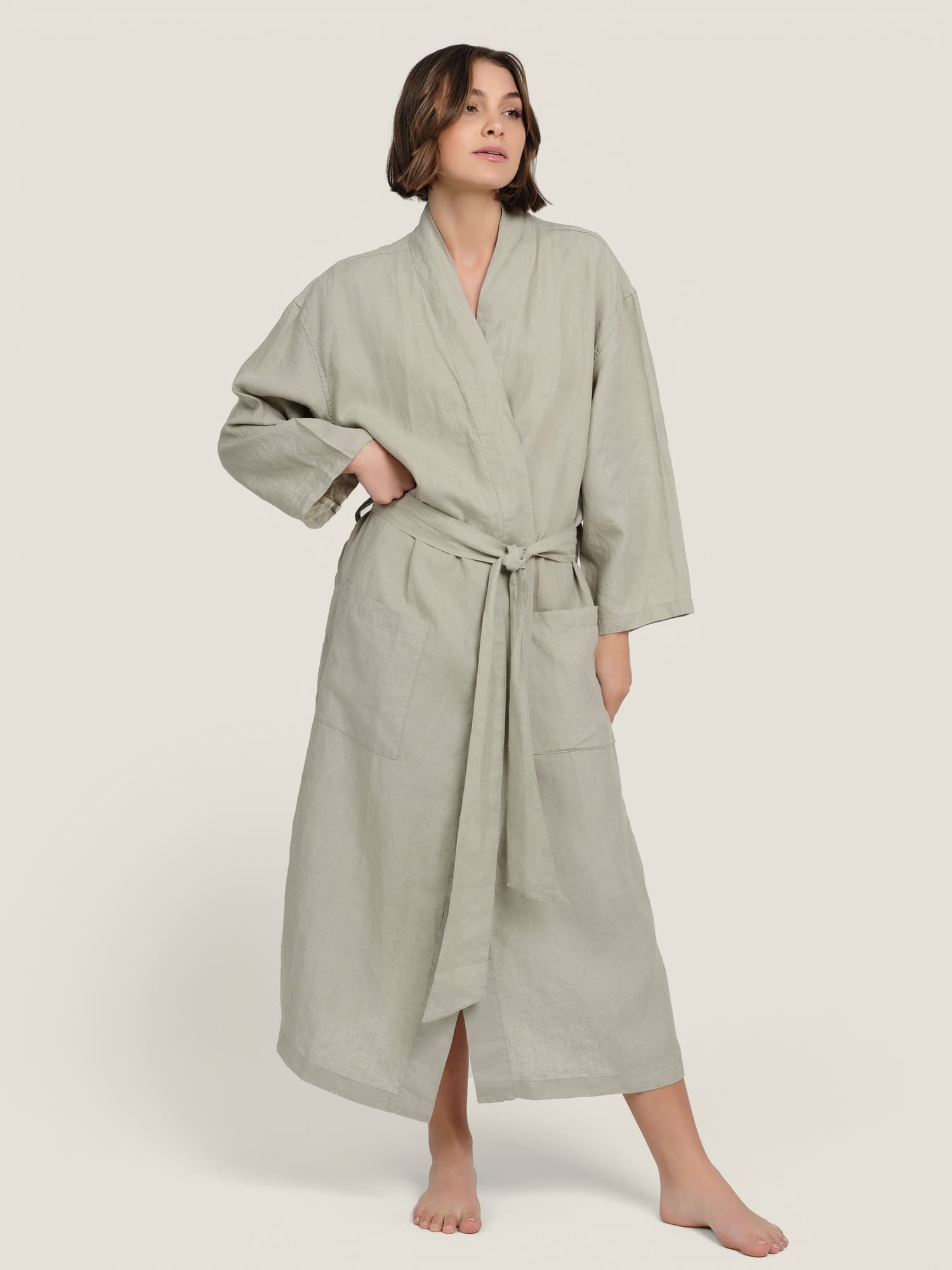linen robe in sage