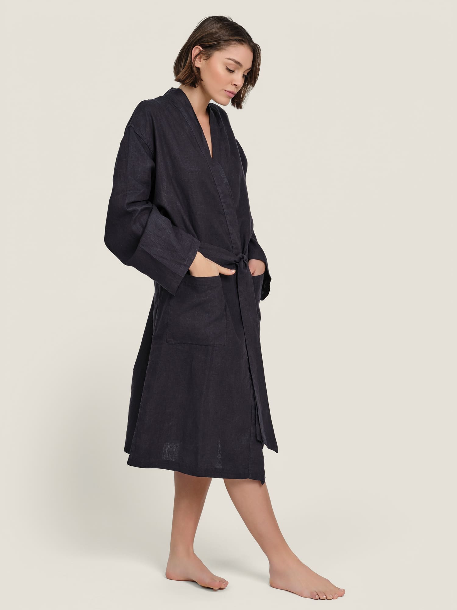linen robe in navy