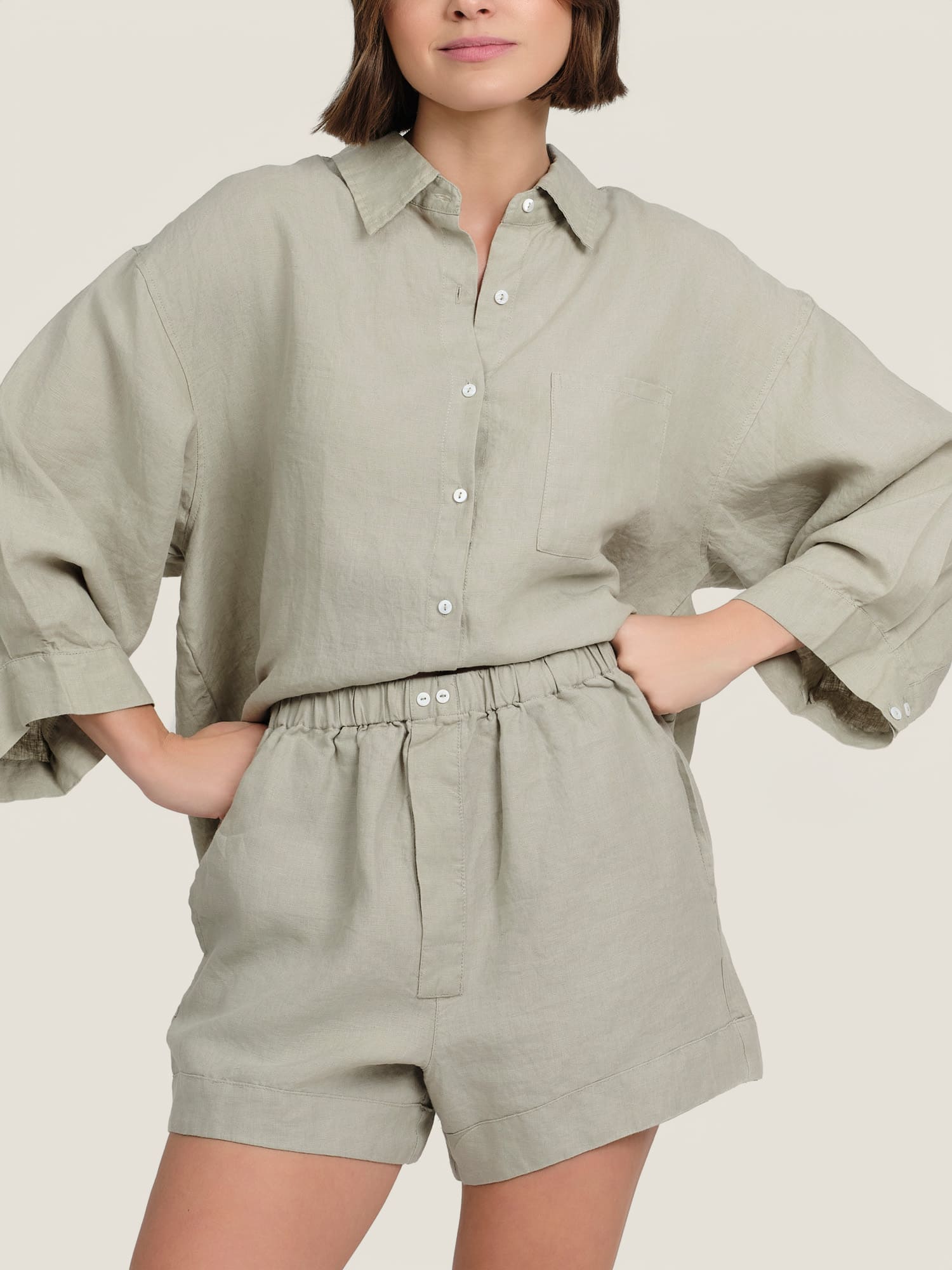 linen shorts in sage