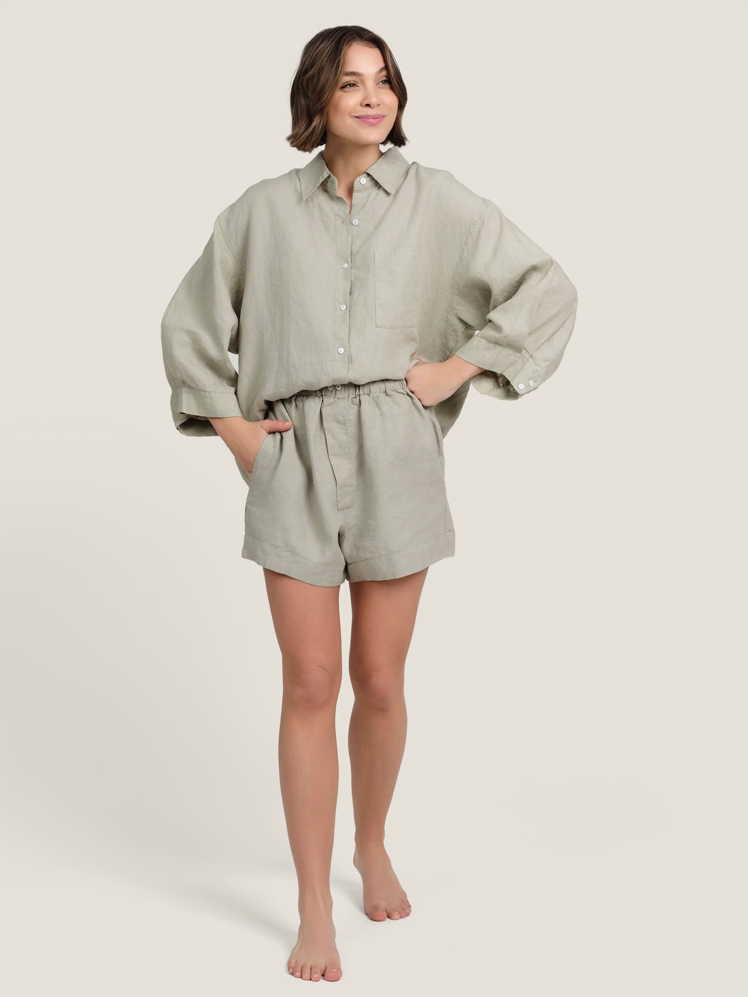 linen shorts in sage
