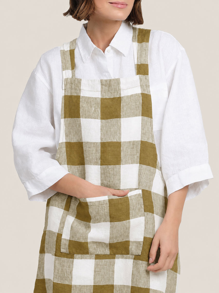 Linen Apron in Olive Check