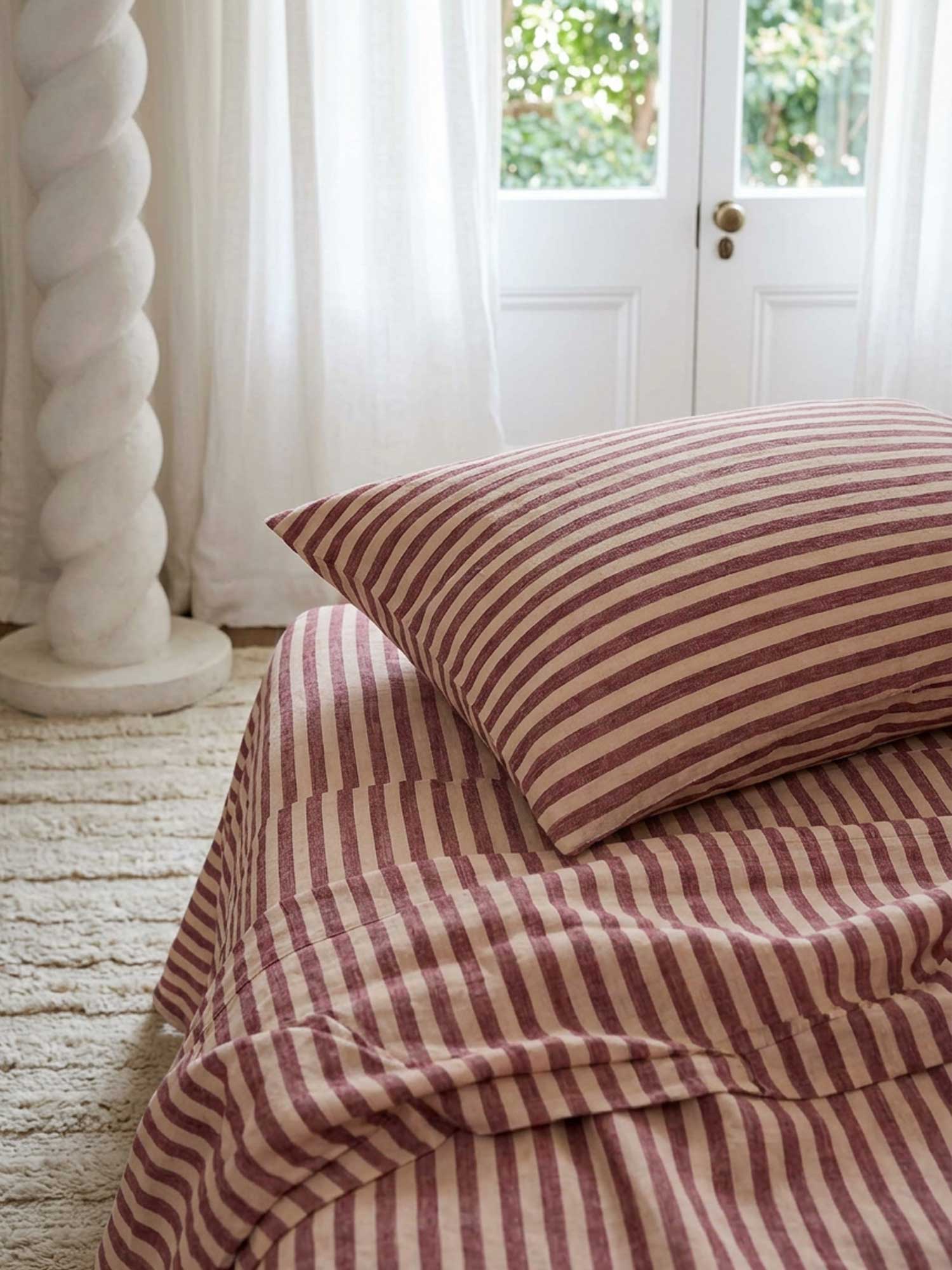 100% Linen Duvet Cover in Berry Stripes