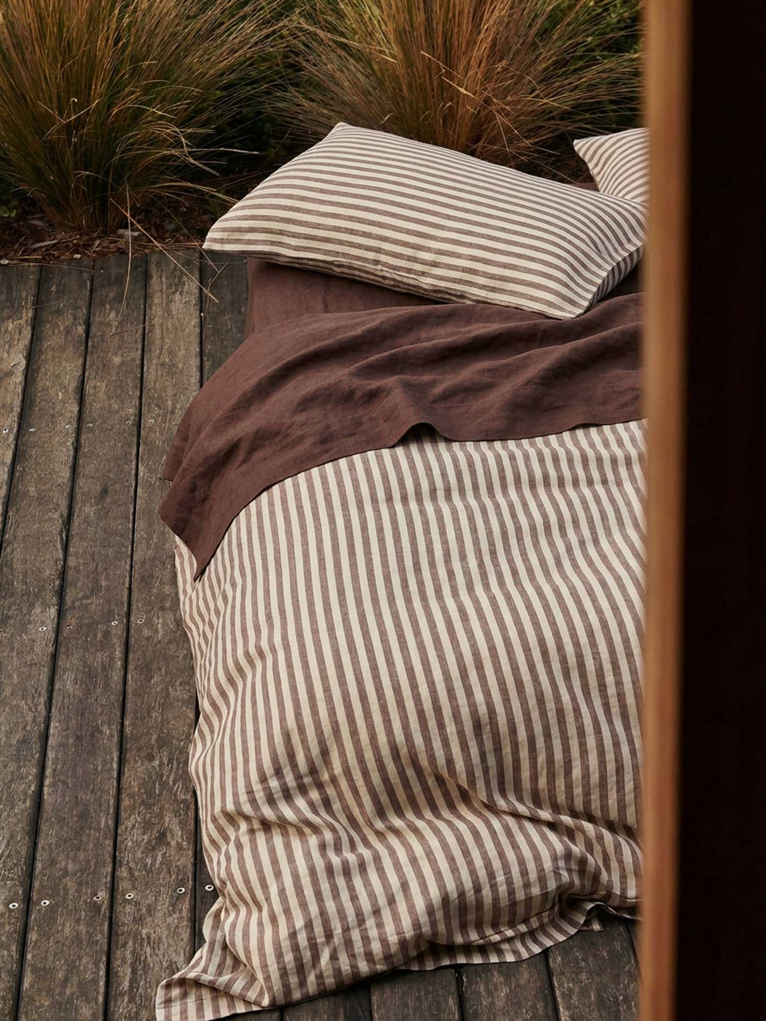100% Linen Duvet Cover in Chocolate Stripes