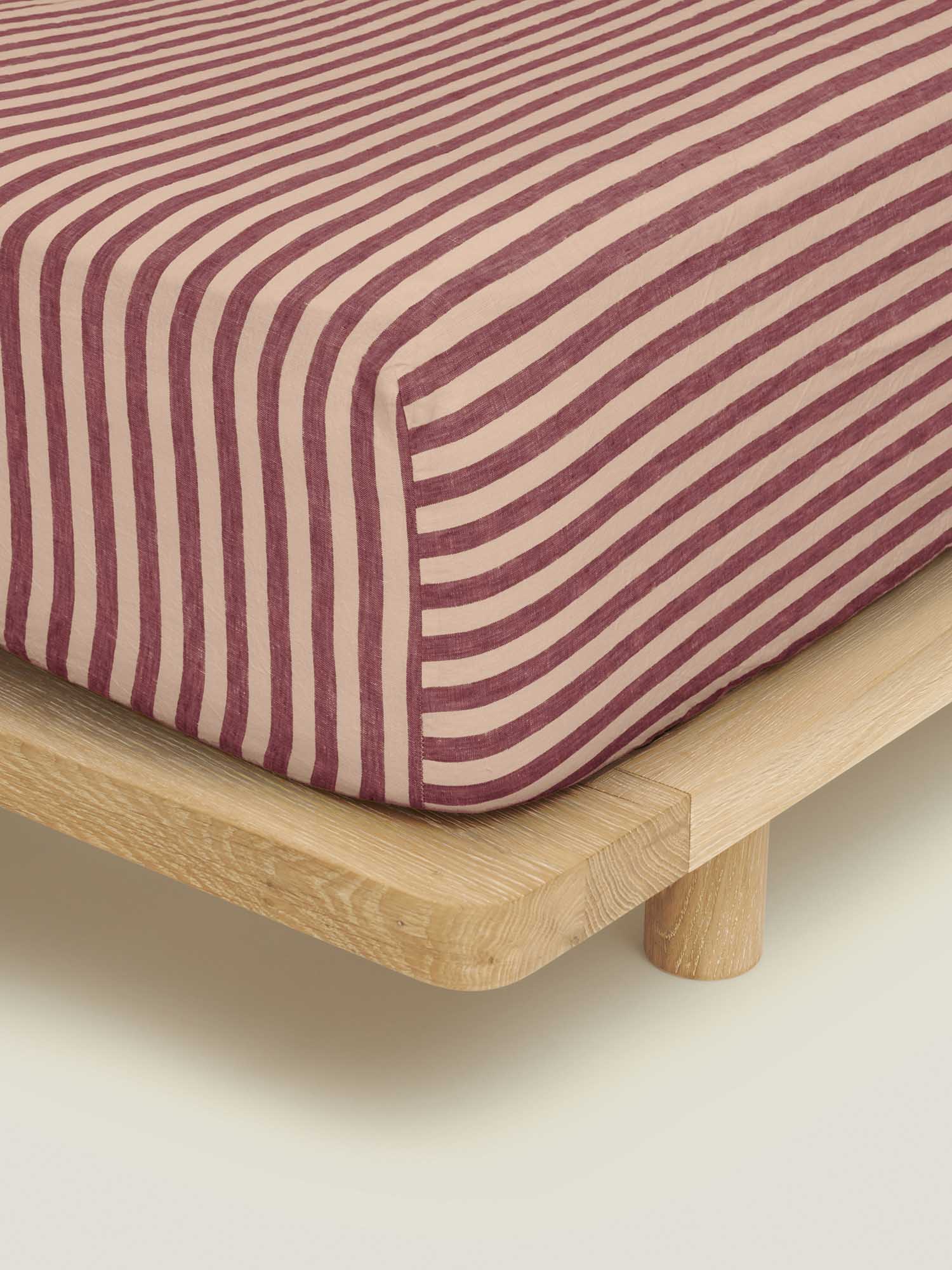 100% Linen Fitted Sheet in Berry Stripes