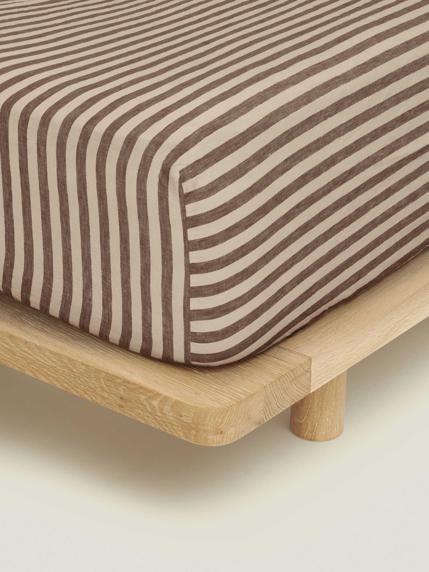 100% Linen Fitted Sheet in Chocolate Stripes