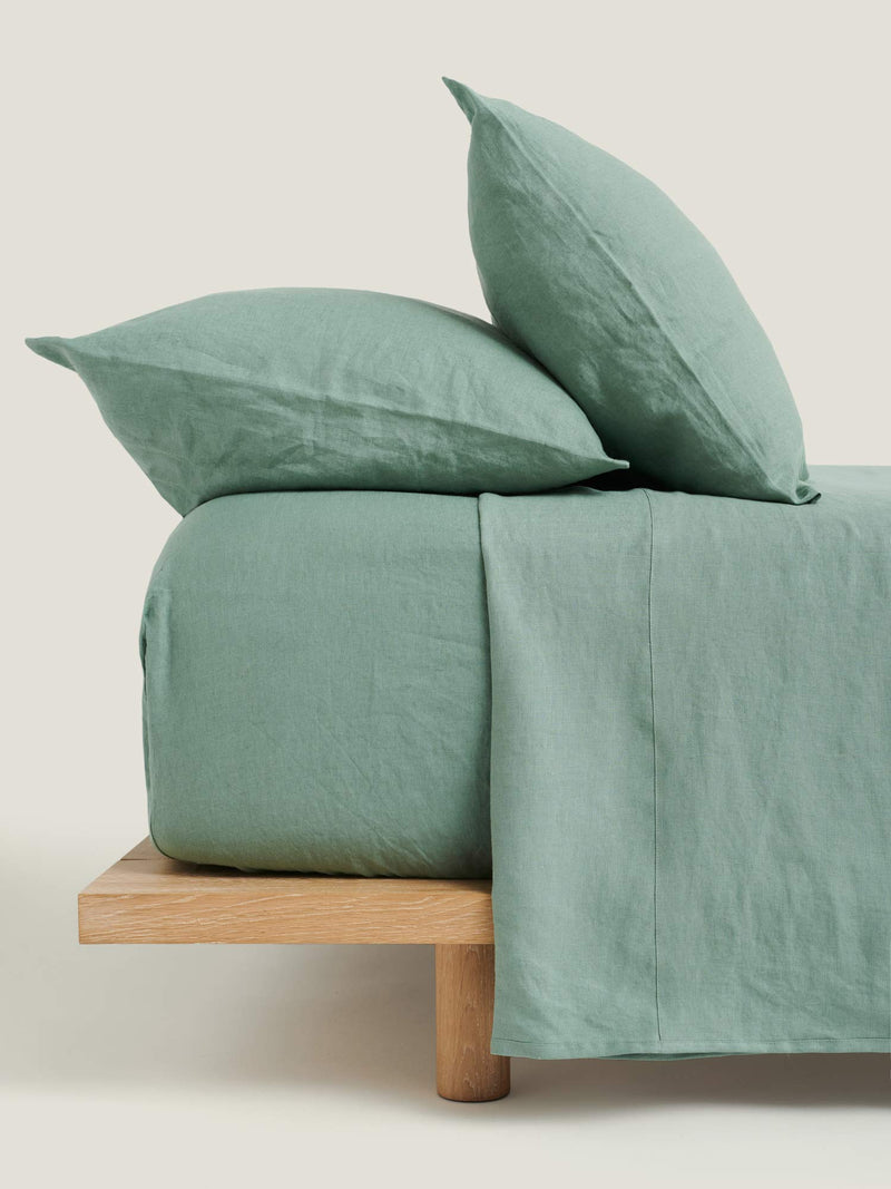 100% Linen Fitted Sheet in Green Fig