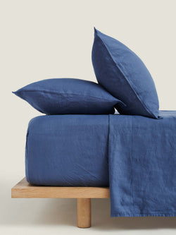 100% Linen Fitted Sheet in Marine Blue