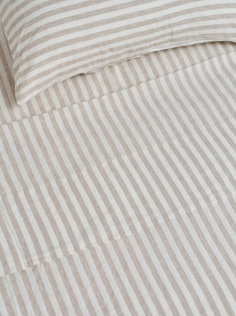 linen flat sheet in wide natural stripes