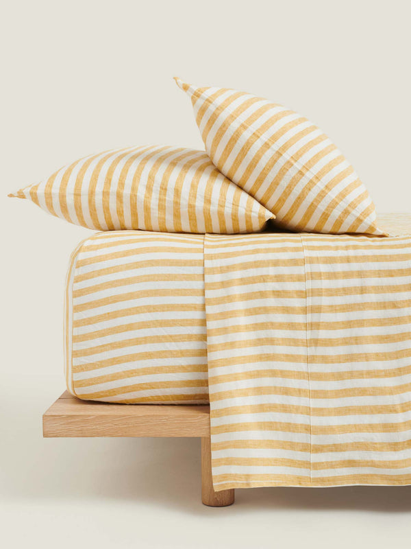 100% Linen Fitted Sheet in Yellow Stripes