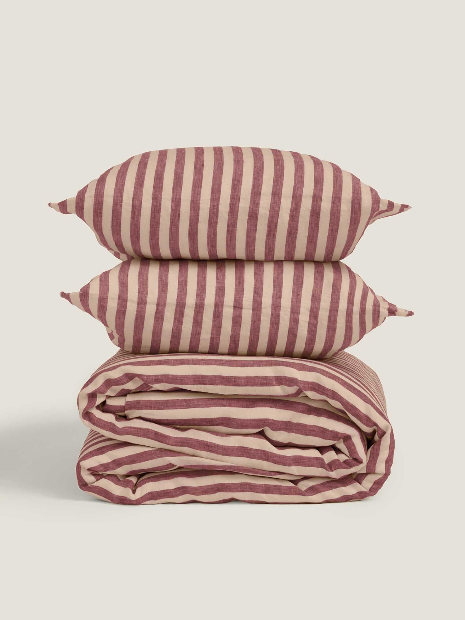100% Linen Duvet Cover in Berry Stripes