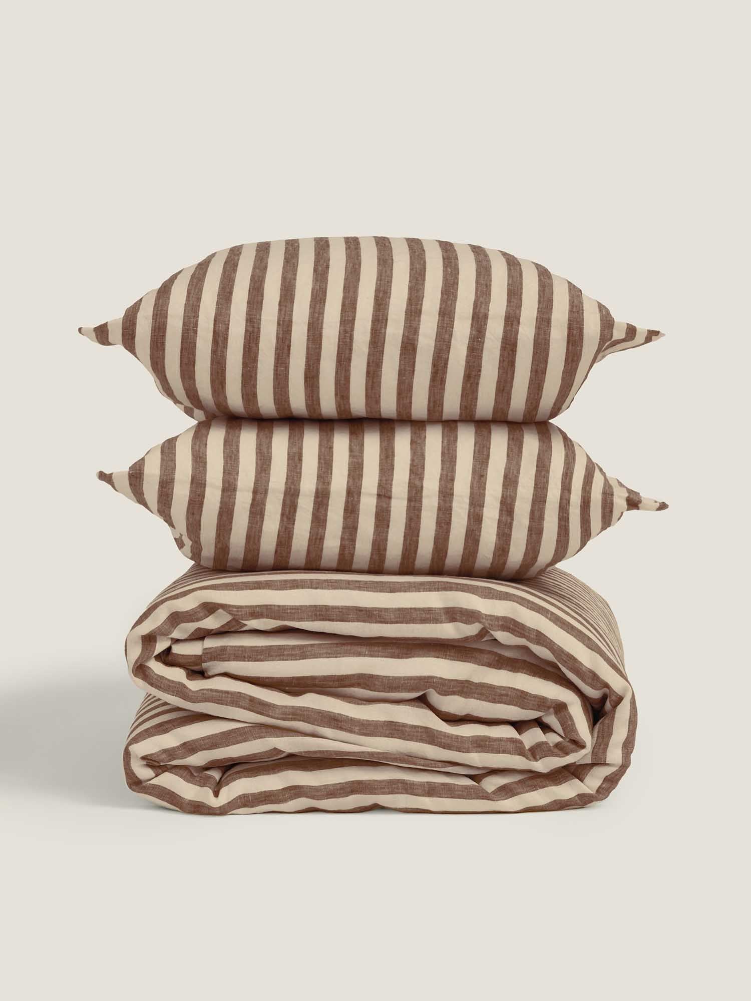 100% Linen Duvet Cover in Chocolate Stripes