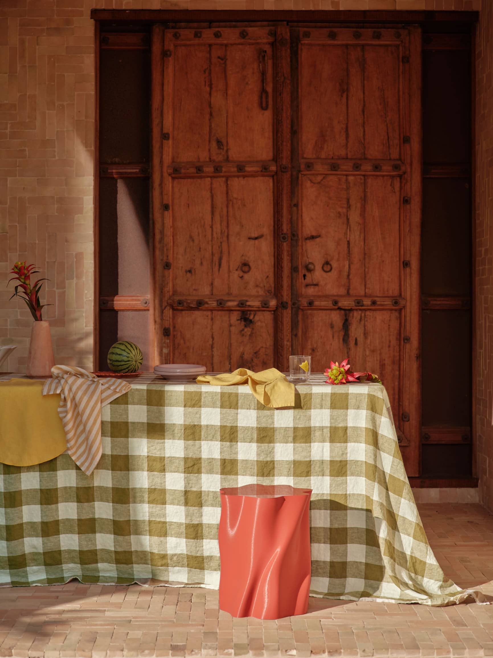 100% Linen Tablecloth in Olive Check