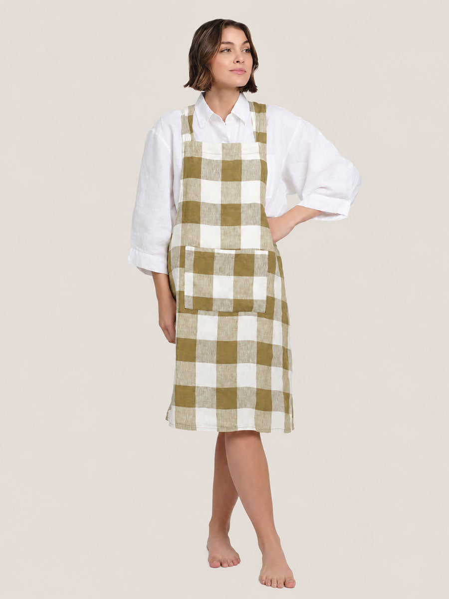 Linen Apron in Olive Check