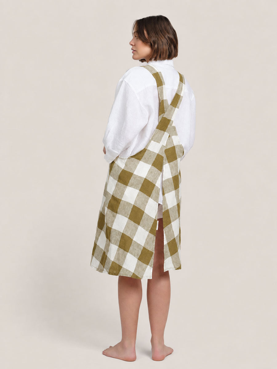 Linen Apron in Olive Check