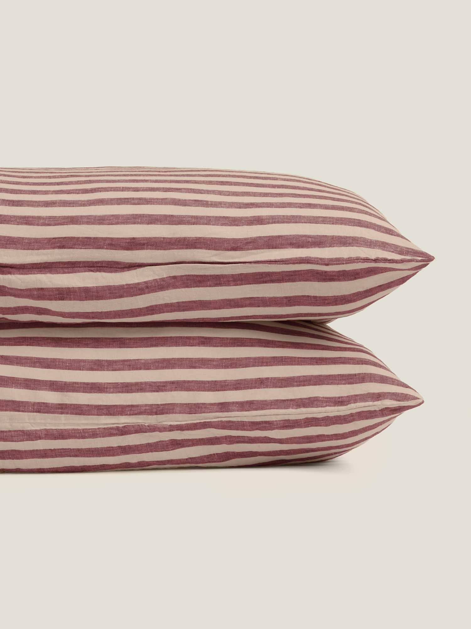 100% Linen Pillowcase Set (of two) in Berry Stripes