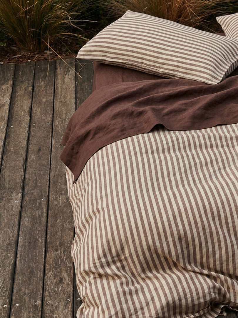 100% Linen Duvet Cover in Chocolate Stripes