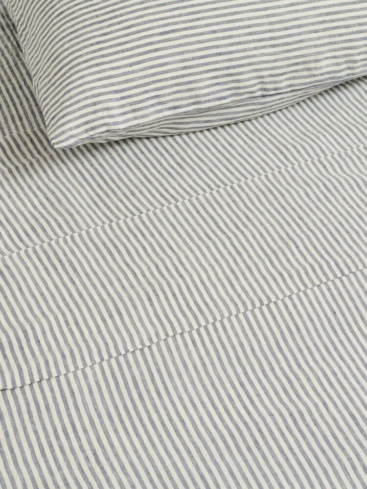 100% Linen Flat Sheet in Blue Stripes