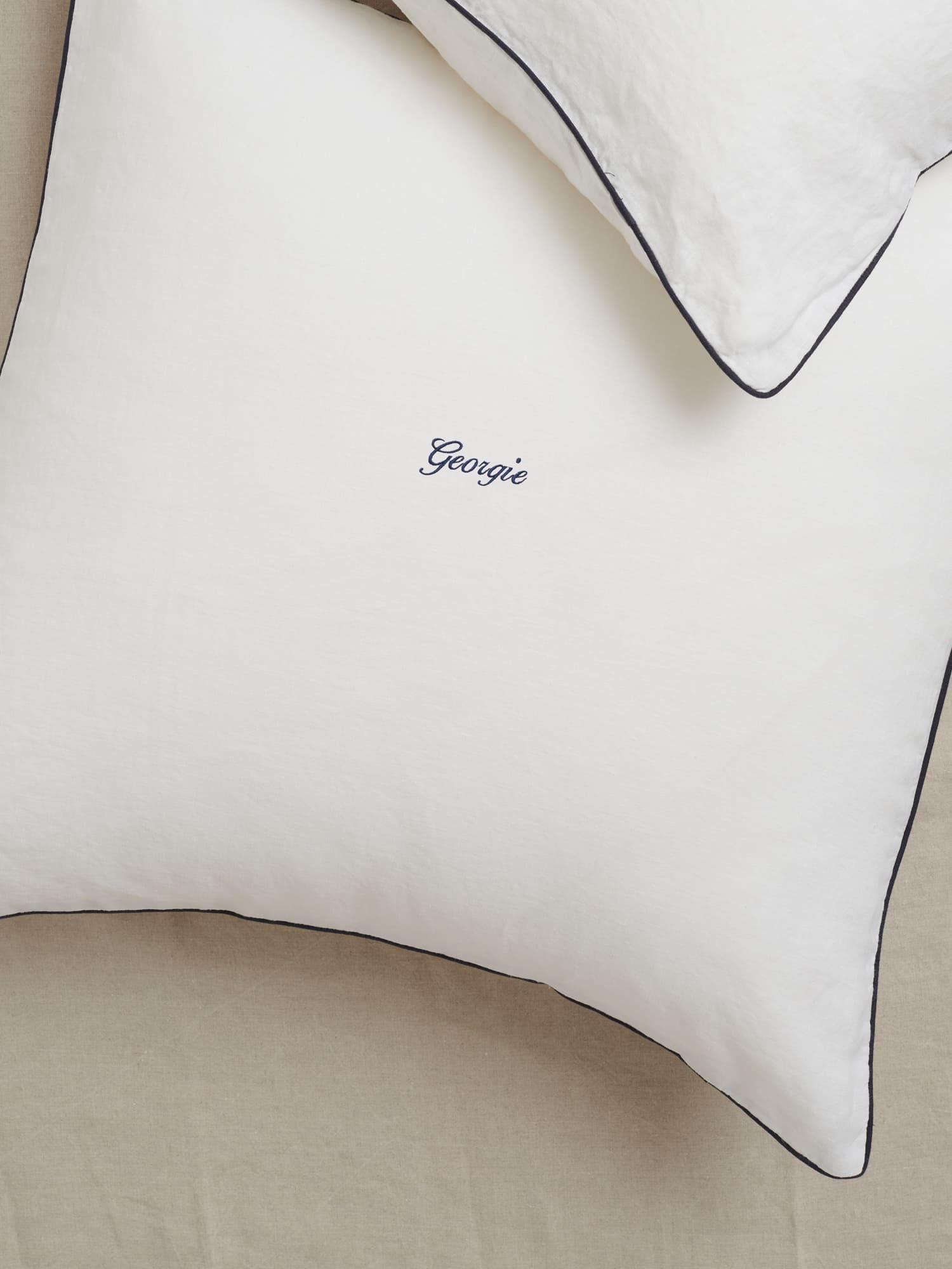 Embroidered Linen Pillowslip Navy Piping