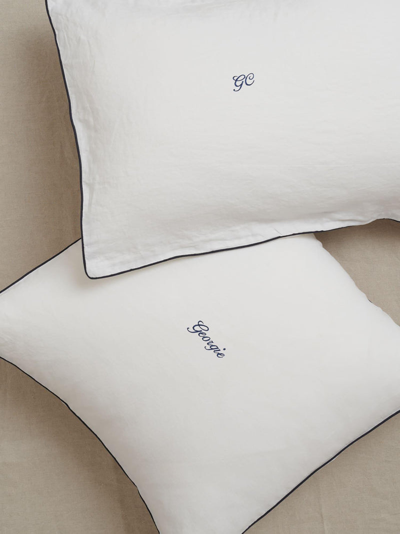 Embroidered Linen Pillowcase White Navy Piping