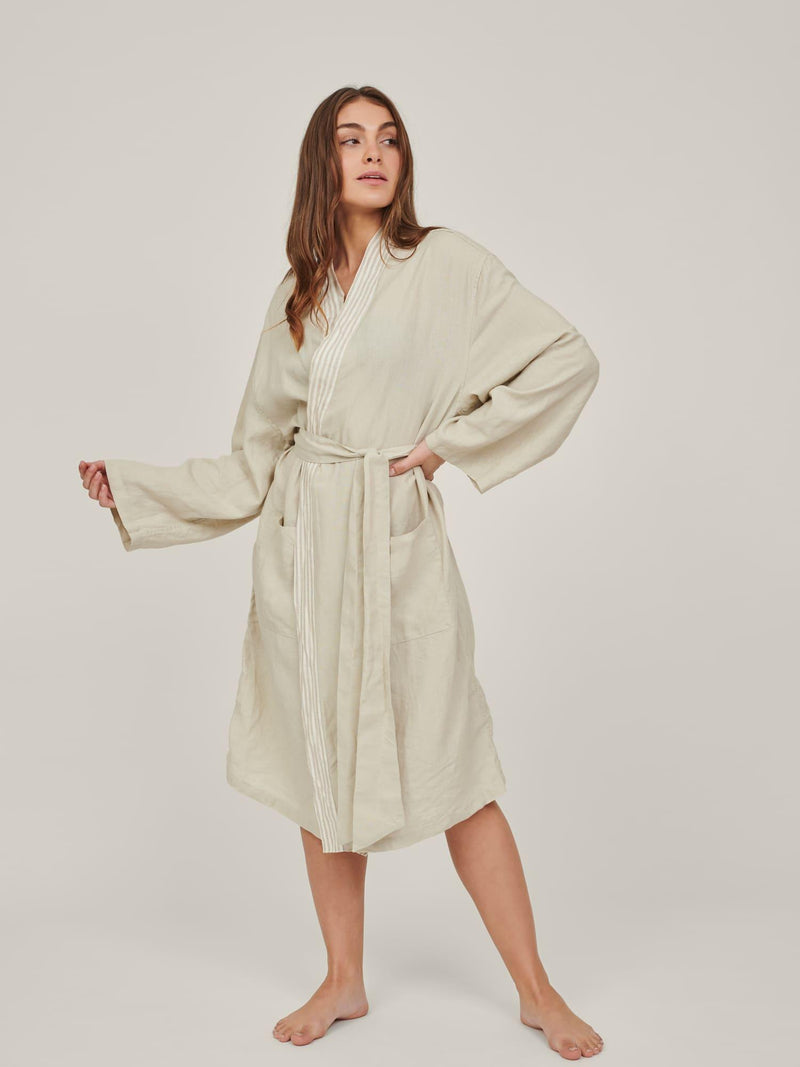 Embroidered Linen Robe in Sand