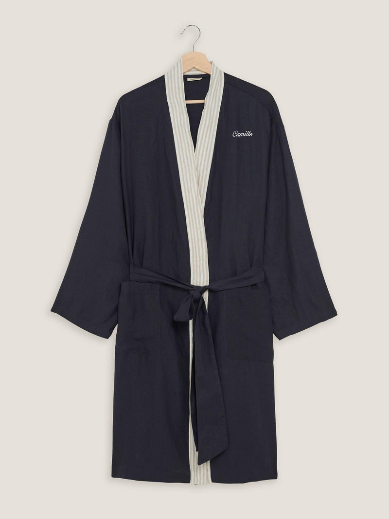 Embroidered Linen Robe Navy