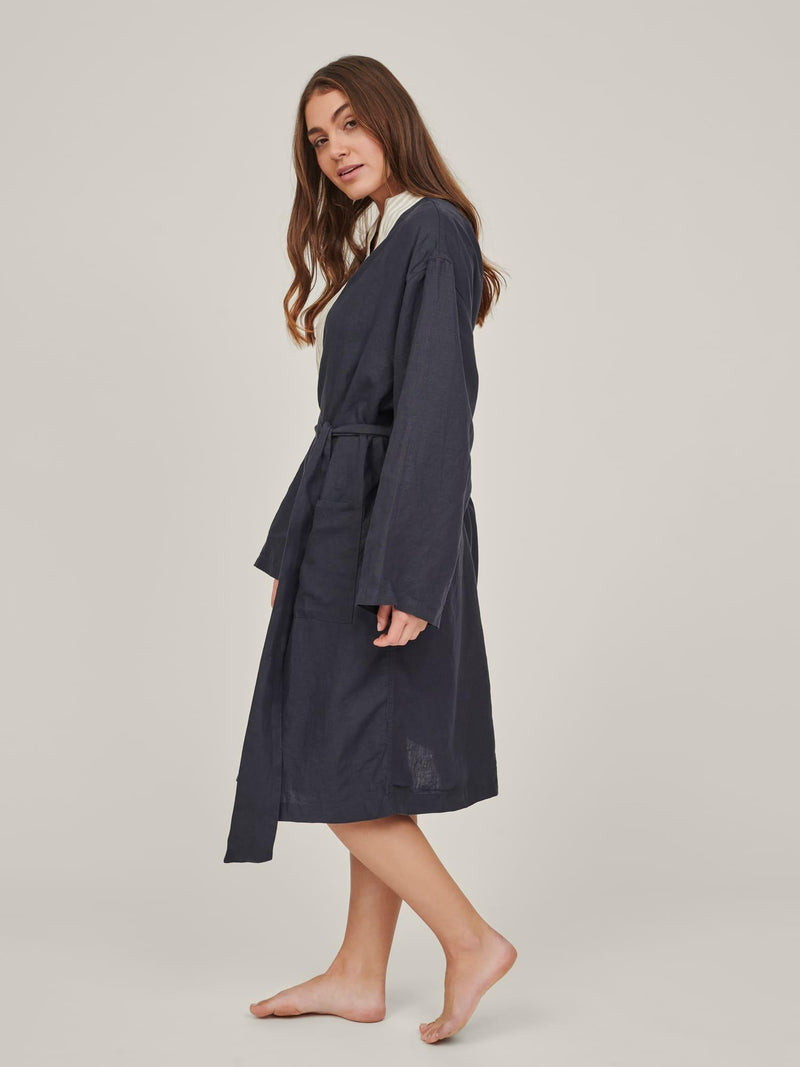 Embroidered Linen Robe in Navy