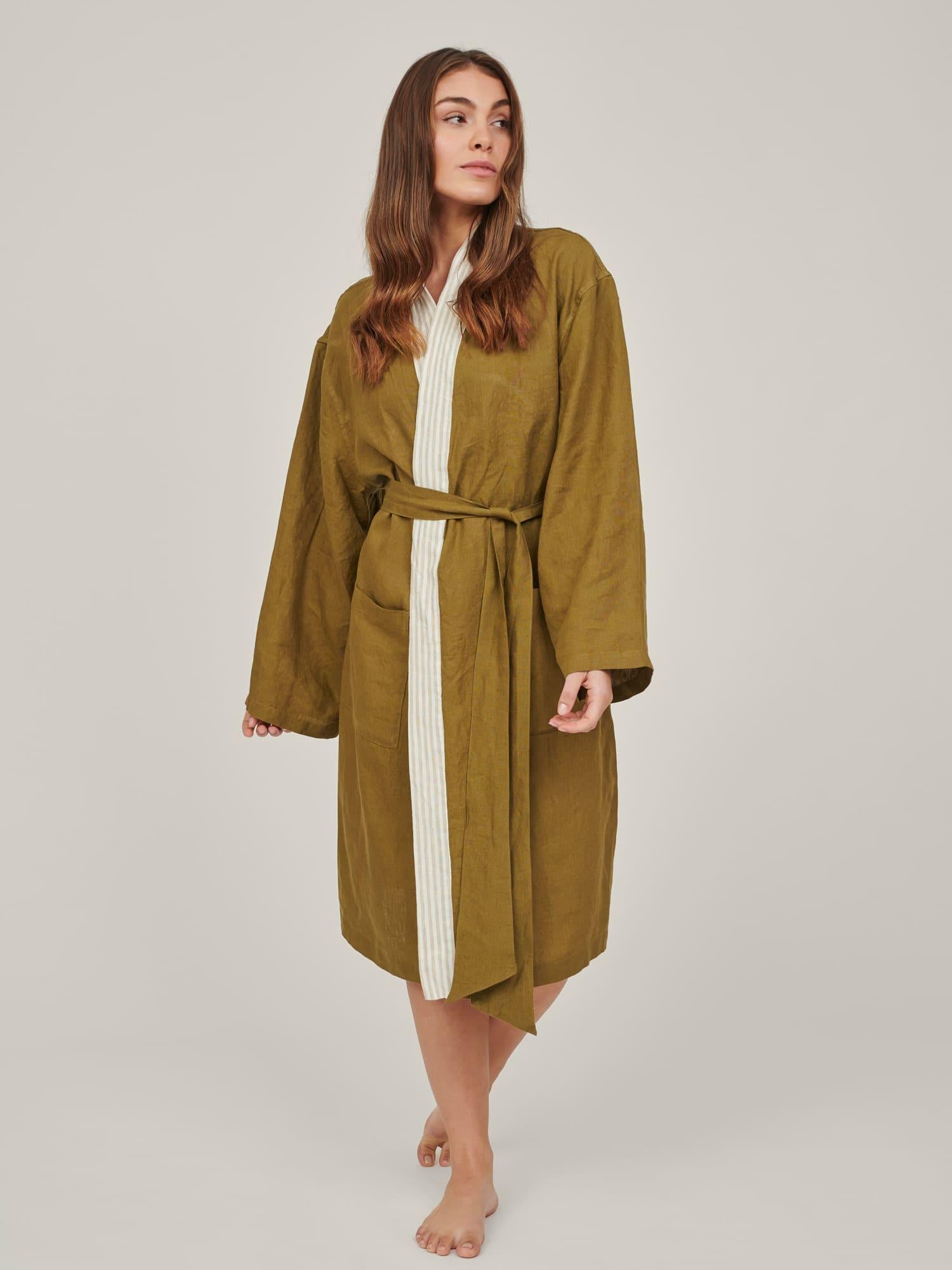 Embroidered Linen Robe in Olive