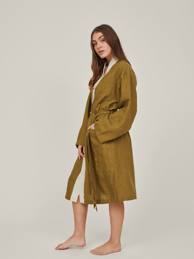 linen robe in olive