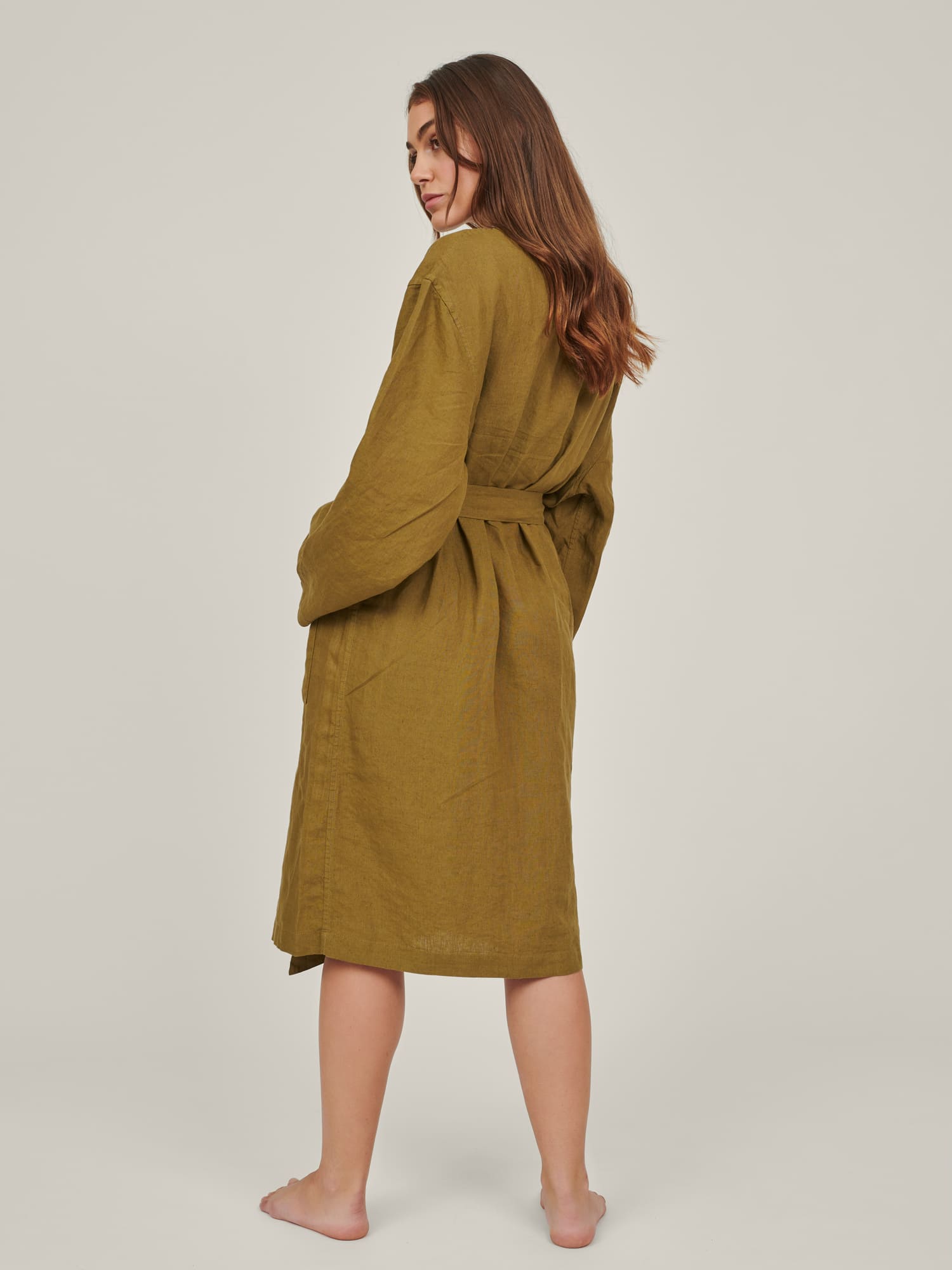 linen robe in olive