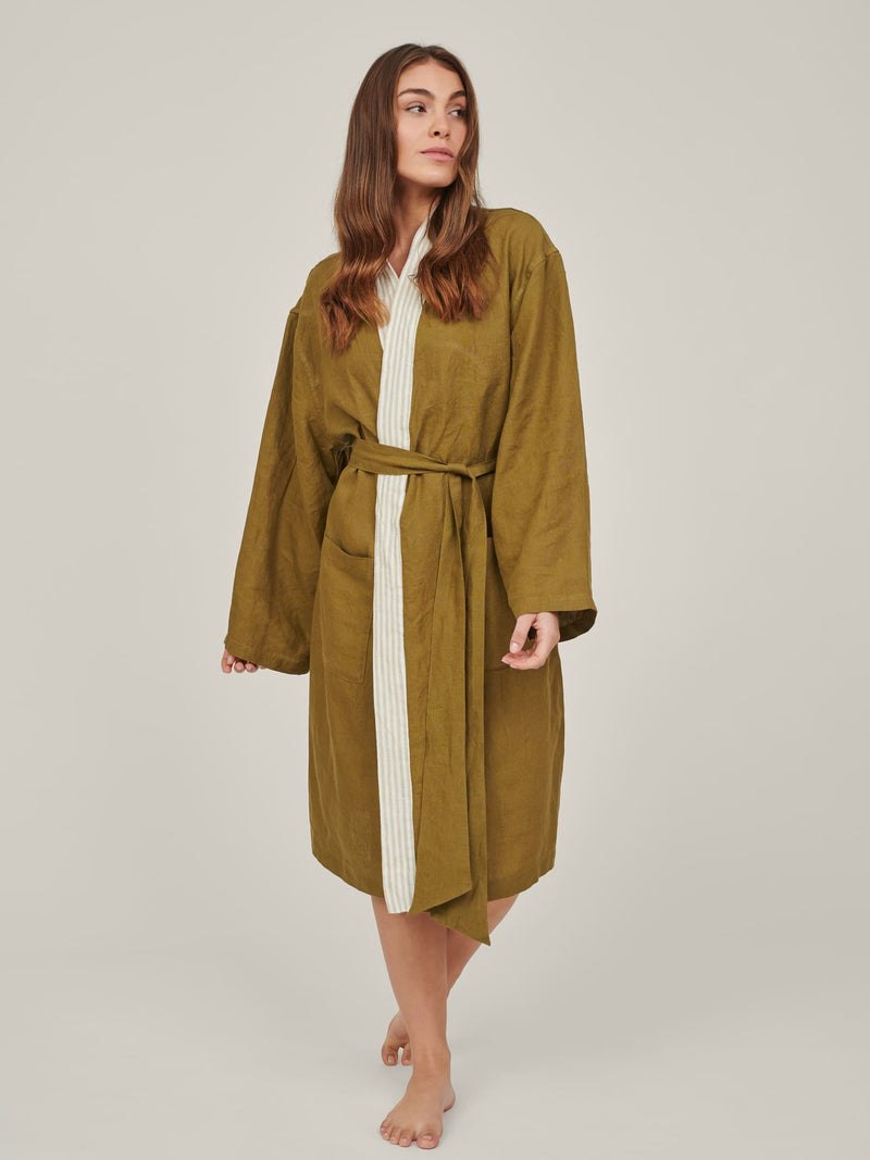 linen robe in olive