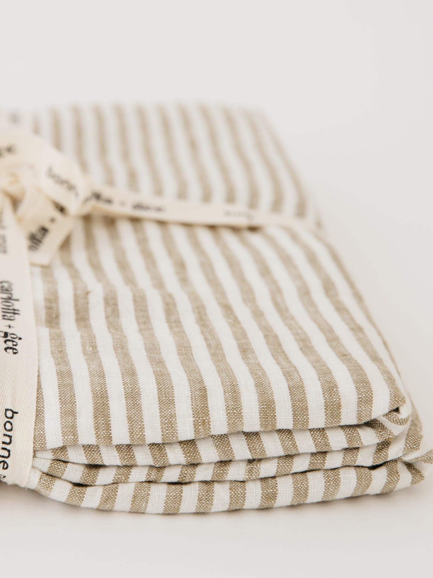 Linen Flat Sheet in Olive Stripes